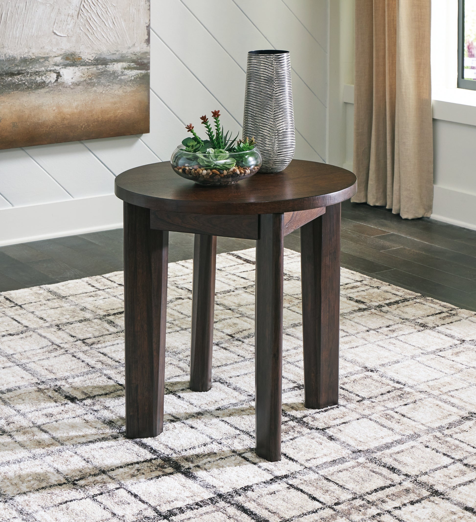 Haines Furniture Outlet - Ashley Furniture - Korestone 2 End Table - Round End Table / Dark Brown - T657-6