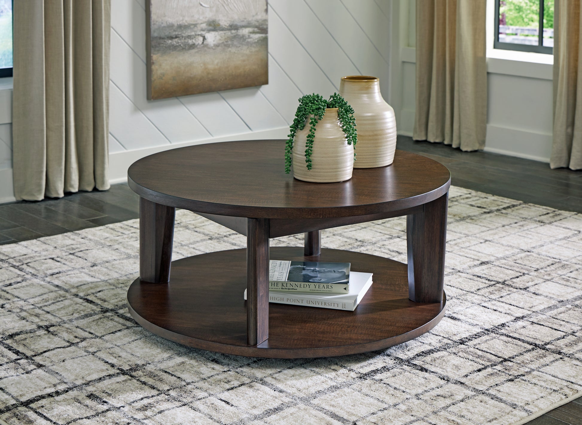 Haines Furniture Outlet - Ashley Furniture - Korestone 2 Coffee Table - Round Cocktail Table / Dark Brown - T657-8