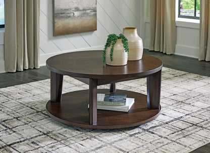 Haines Furniture Outlet - Ashley Furniture - Korestone 2 Coffee Table - Round Cocktail Table / Dark Brown - T657-8