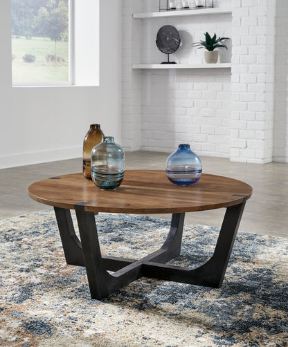 Haines Furniture Outlet - Ashley Furniture - Hanneforth Coffee Table - Round Cocktail Table / Brown/Black - T726-8