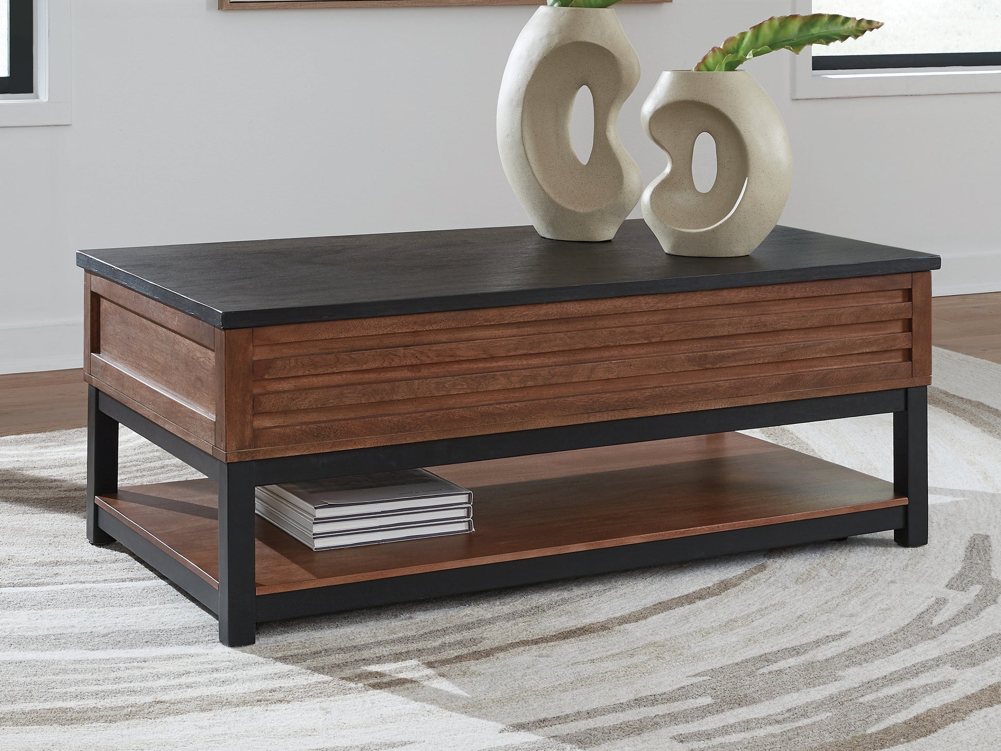Haines Furniture Outlet - Ashley Furniture - Kallari Lift-Top Coffee Table - Lift Top Cocktail Table / Warm Brown/Black - T737-9