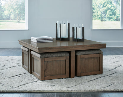 Haines Furniture Outlet - Ashley Furniture - Boardernest Coffee Table with 4 Stools - Cocktail TBL w/4 Stools (5/CN) / Brown - T738-20