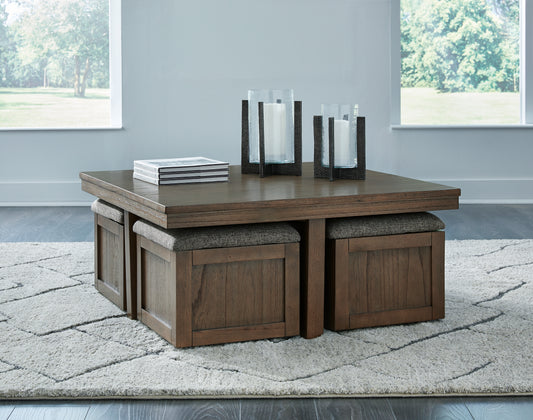Haines Furniture Outlet - Ashley Furniture - Boardernest Coffee Table with 4 Stools - Cocktail TBL w/4 Stools (5/CN) / Brown - T738-20