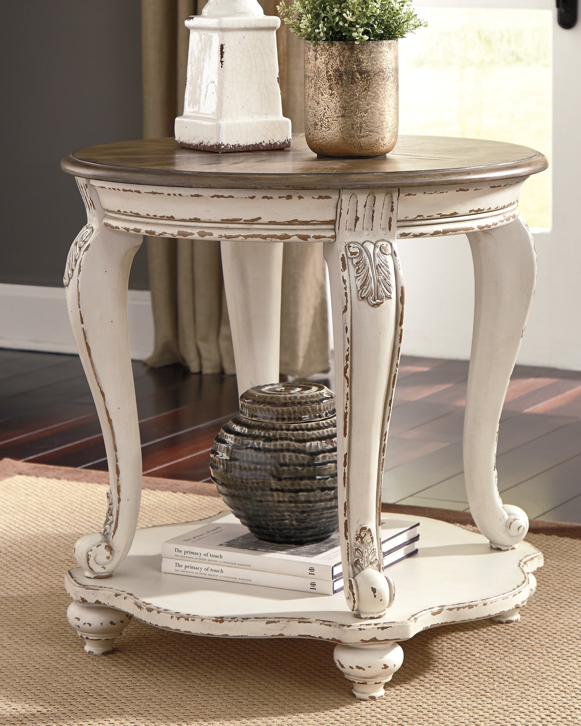 Haines Furniture Outlet - Ashley Furniture - Realyn End Table - Round End Table / White/Brown - T743-6
