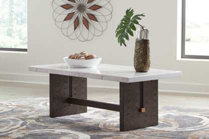 Haines Furniture Outlet - Ashley Furniture - Burkhaus Coffee Table - Rectangular Cocktail Table / White/Dark Brown - T779-1