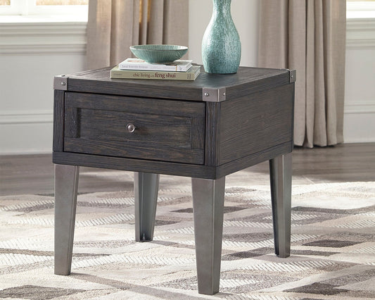 Haines Furniture Outlet - Ashley Furniture - Todoe End Table with USB Ports & Outlets - Rectangular End Table / Dark Gray - T901-3