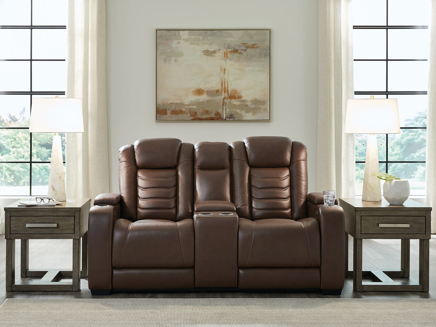 Haines Furniture Outlet - Ashley Furniture - High Impact Living Room - PWR REC Loveseat/CON/ADJ HDRST / Tobacco - U1060118