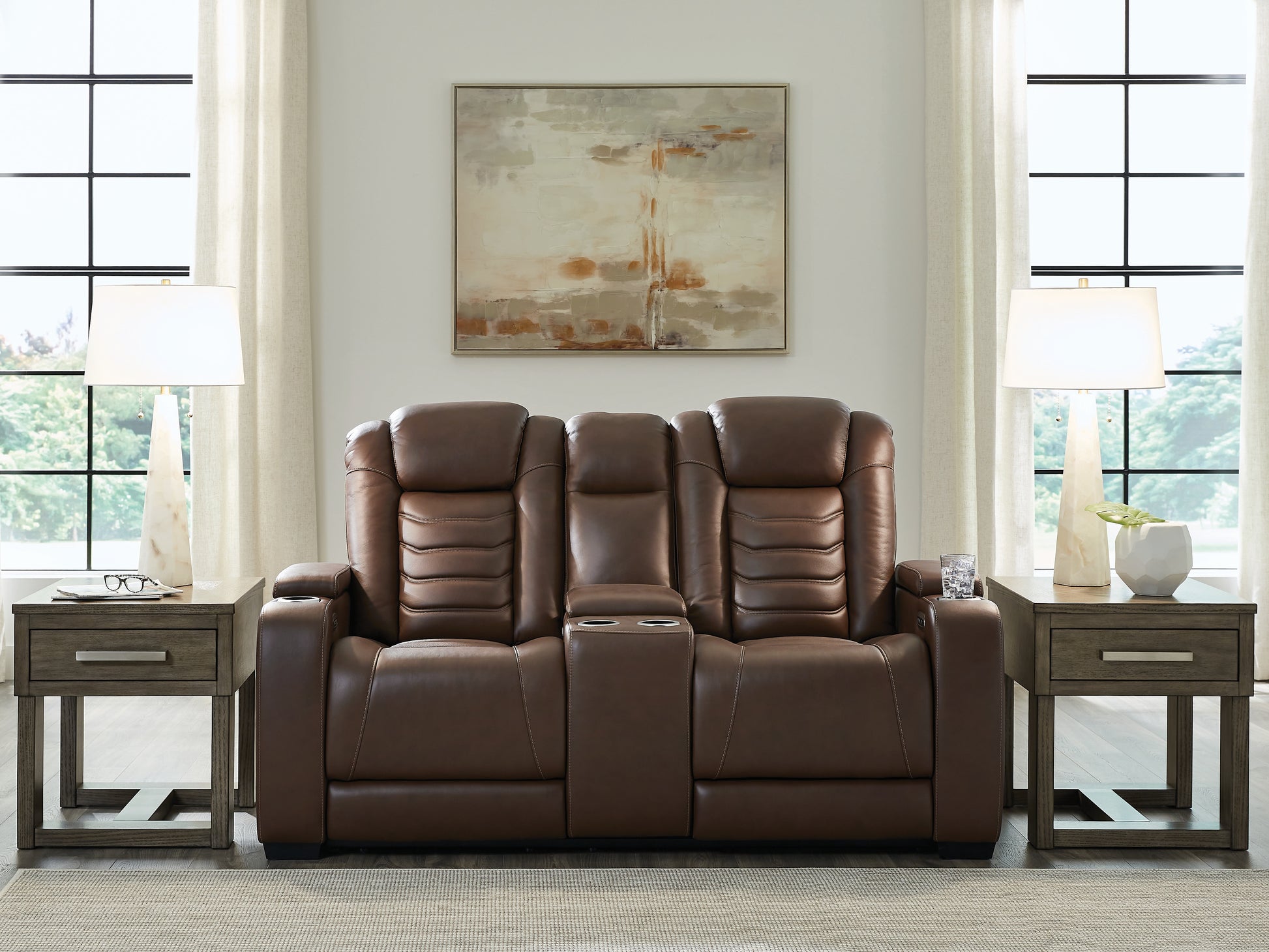 Haines Furniture Outlet - Ashley Furniture - High Impact Living Room - PWR REC Loveseat/CON/ADJ HDRST / Tobacco - U1060118