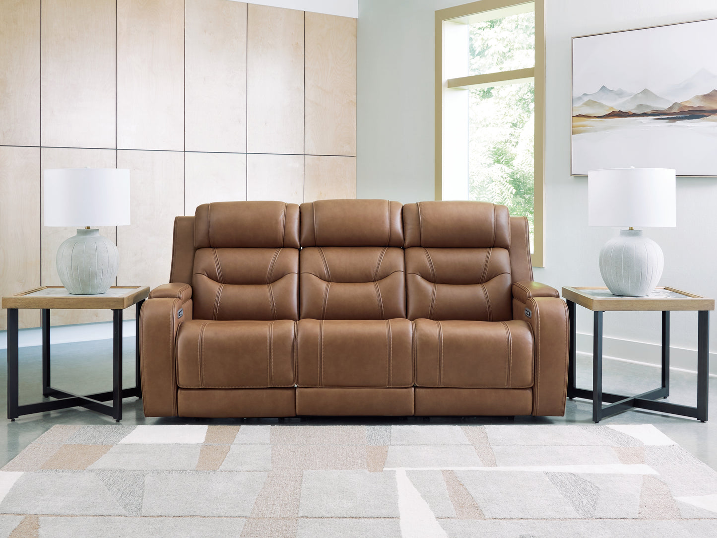 Haines Furniture Outlet - Ashley Furniture - Knightington Living Room - PWR REC Sofa w/Audio Seating / Caramel - PCU1160015A