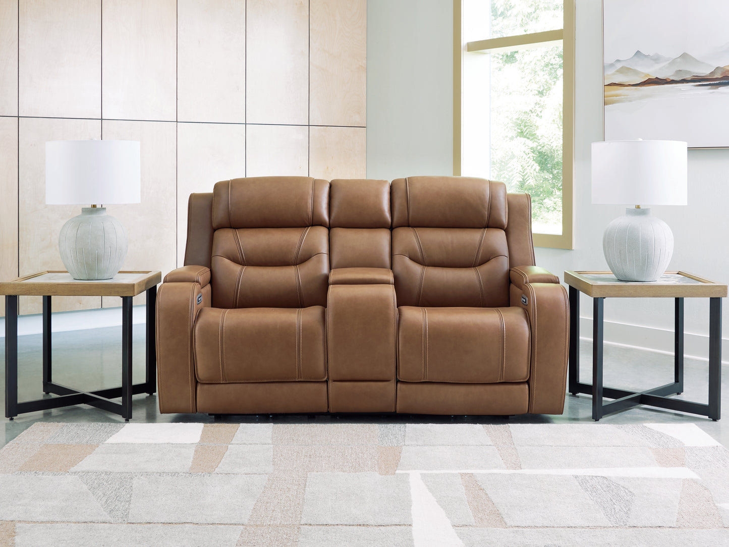 Haines Furniture Outlet - Ashley Furniture - Knightington Living Room - PWR REC Love w/Audio Seating / Caramel - PCU1160018A