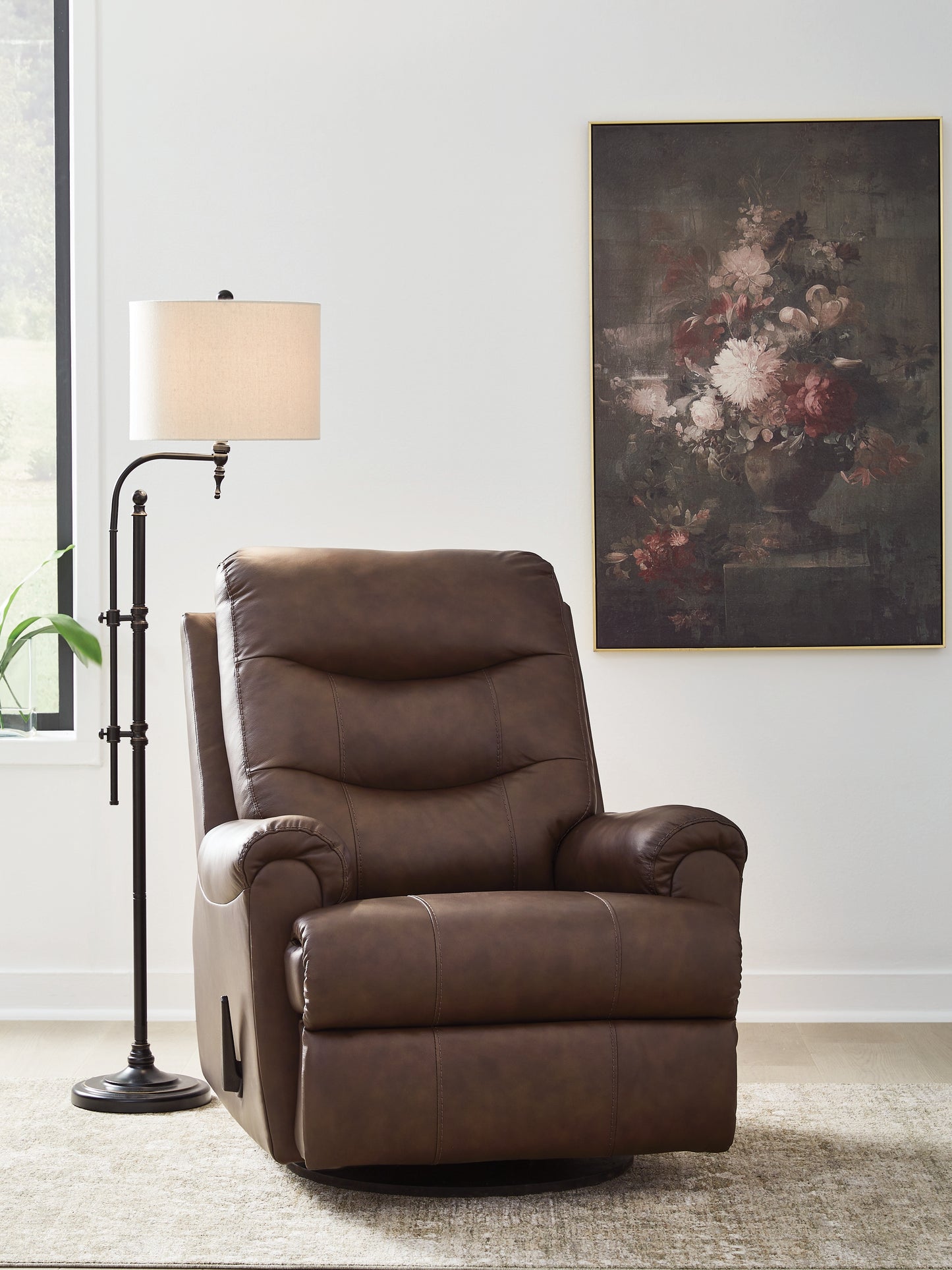 Haines Furniture Outlet - Ashley Furniture - Flynwood Living Room - Swivel Glider Recliner / Espresso - PCU1340061