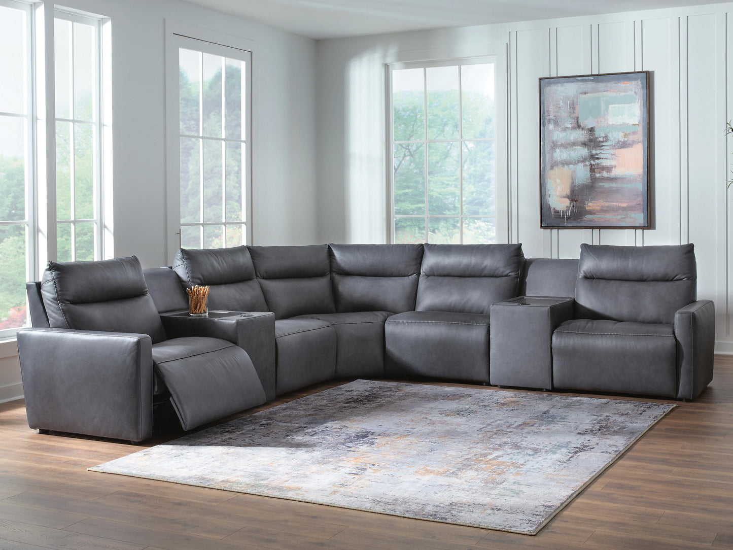 Haines Furniture Outlet - Ashley Furniture - ModZ Sectional - 7-Piece Power Reclining Sectional with Audio Consoles / Blue - U14001S8