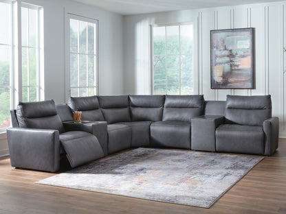 Haines Furniture Outlet - Ashley Furniture - ModZ Sectional - 7-Piece Power Reclining Sectional with Audio Consoles / Blue - U14001S8