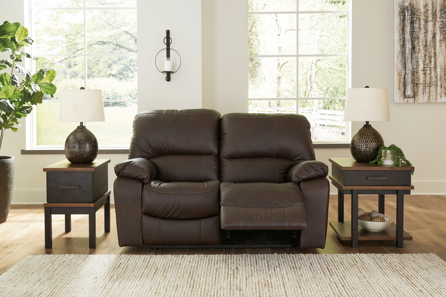 Haines Furniture Outlet - Ashley Furniture - Leesworth Living Room - Reclining Power Loveseat / Dark Brown - U4380874