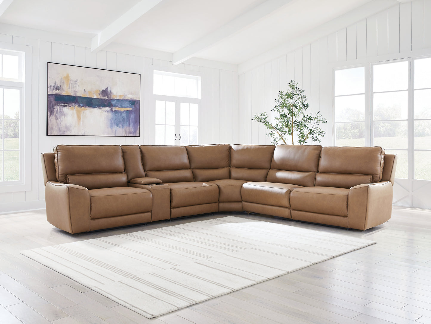 Haines Furniture Outlet - Ashley Furniture - DeepWakes Sectional - 6-Piece Reclining Sectional with Storage Console / Caramel - PCU62606S36