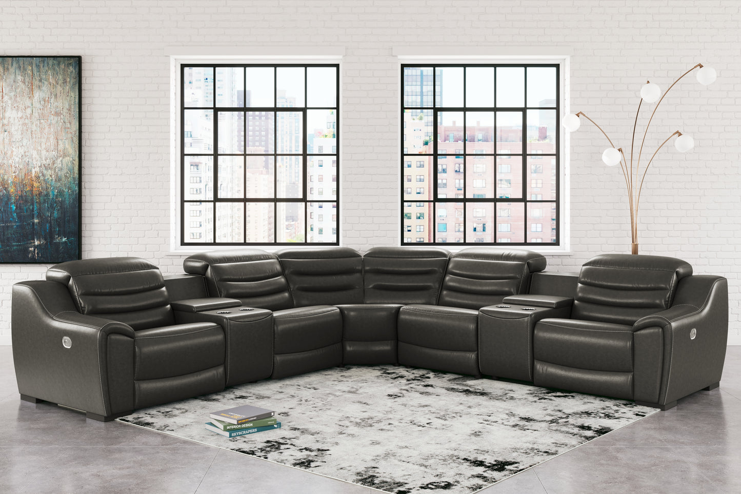 Haines Furniture Outlet - Ashley Furniture - Center Line Sectional - 7-Piece Power Reclining Sectional / Dark Gray - U63404S7