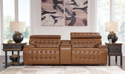 Haines Furniture Outlet - Ashley Furniture - Temmpton Sectional - 3-Piece Power Reclining Sectional Loveseat with Console / Chocolate - U92708S2