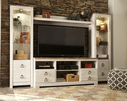 Haines Furniture Outlet - Ashley Furniture - Willowton Entertainment Center - 4-Piece Entertainment Center / Whitewash - W267W3