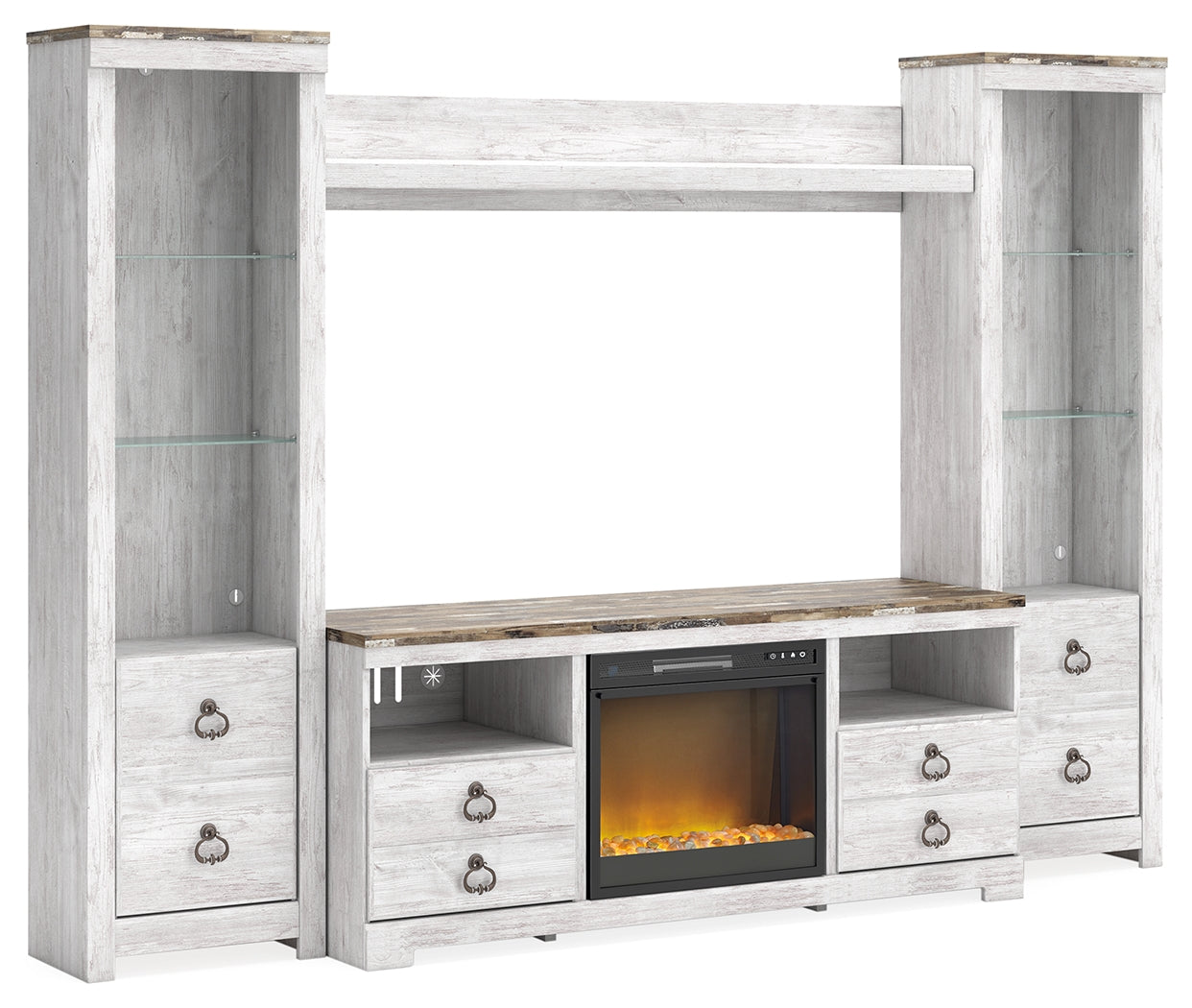 Haines Furniture Outlet - Ashley Furniture - Willowton 4-Piece Entertainment Center with Electric Fireplace - 4-Piece Entertainment Center with Electric Fireplace / Whitewash - W267W4