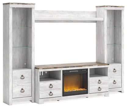 Haines Furniture Outlet - Ashley Furniture - Willowton 4-Piece Entertainment Center with Electric Fireplace - 4-Piece Entertainment Center with Electric Fireplace / Whitewash - W267W4