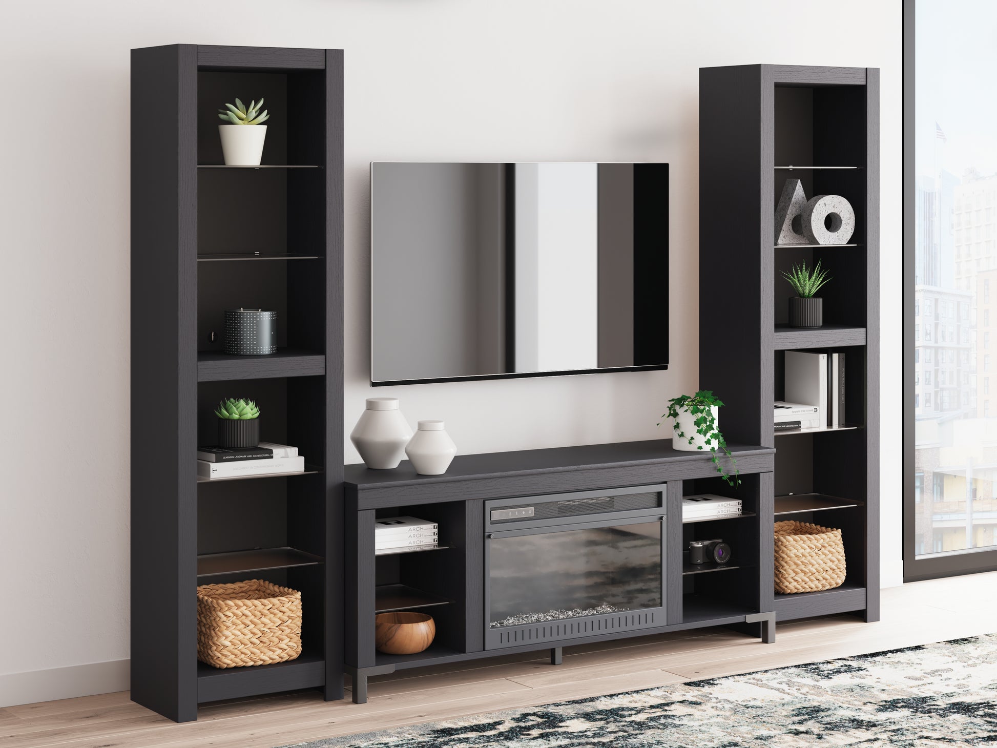 Haines Furniture Outlet - Ashley Furniture - Cayberry 3-Piece Entertainment Center with Electric Fireplace - 3-Piece Entertainment Center with Electric Fireplace / Black - W2721W2