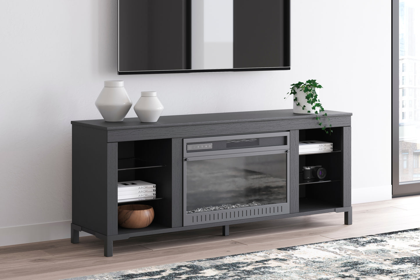 Haines Furniture Outlet - Ashley Furniture - Cayberry TV Stand - 60" with Electric Fireplace / Black - W2721-168