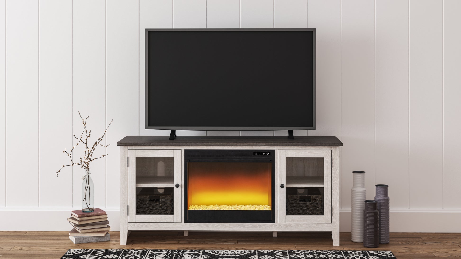 Haines Furniture Outlet - Ashley Furniture - Dorrinson 60" TV Stand with Electric Fireplace - 60" TV Stand with Electric Fireplace / Two-tone - W287W2