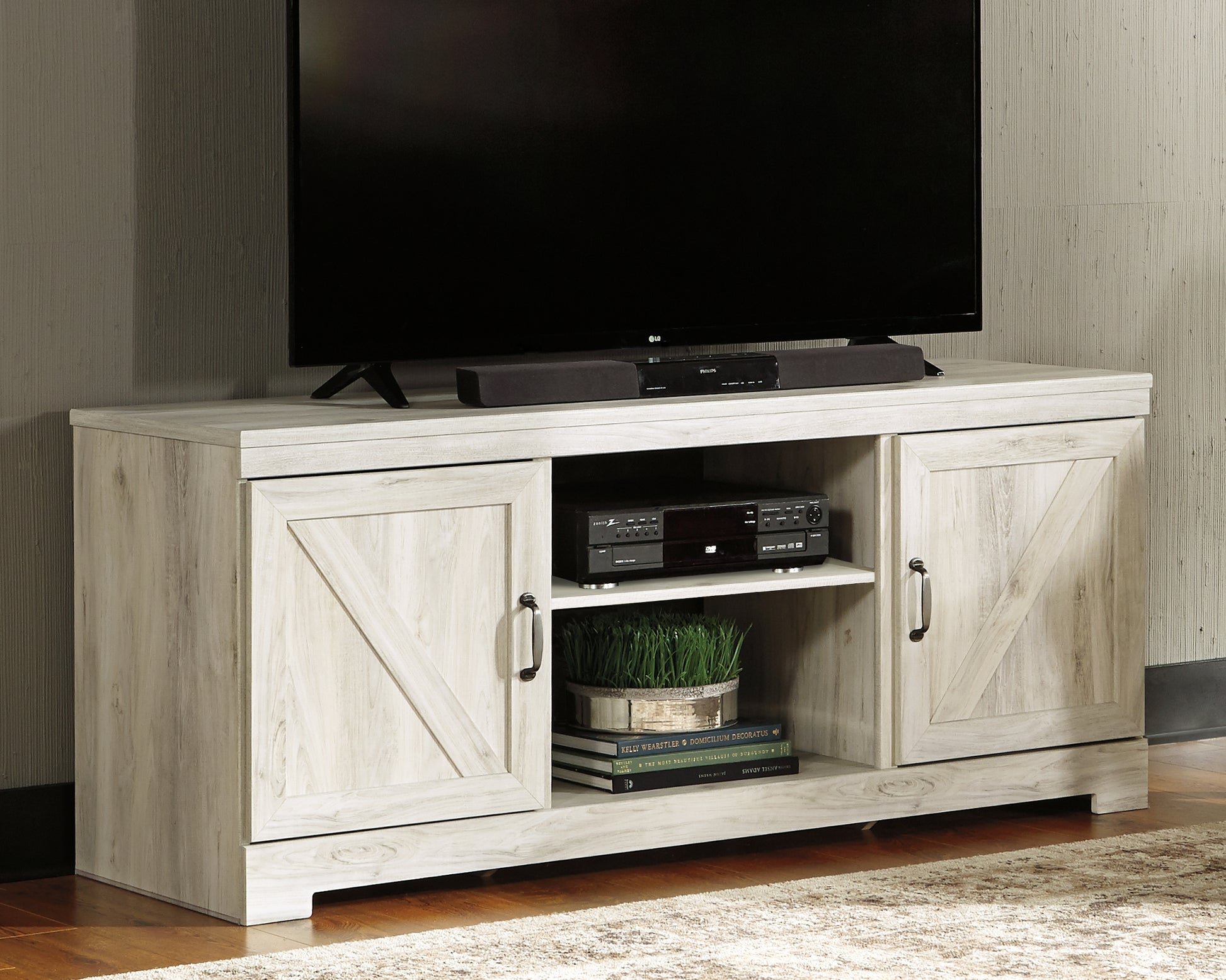 Haines Furniture Outlet - Ashley Furniture - Bellaby TV Stand - 63" / Whitewash - W331-68