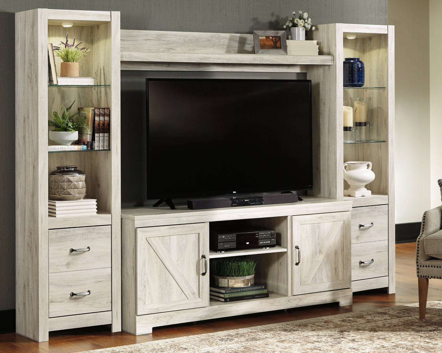 Haines Furniture Outlet - Ashley Furniture - Bellaby Entertainment Center - 4-Piece Entertainment Center / Whitewash - W331W2