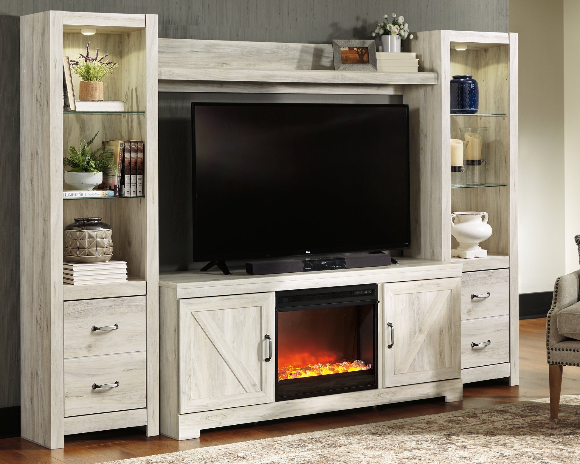Haines Furniture Outlet - Ashley Furniture - Bellaby 4-Piece Entertainment Center with Fireplace - 4-Piece Entertainment Center with Fireplace / Whitewash - W331W5