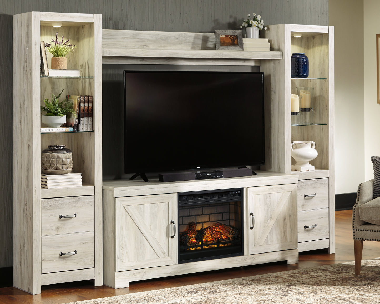 Haines Furniture Outlet - Ashley Furniture - Bellaby 4-Piece Entertainment Center with Electric Fireplace - 4-Piece Entertainment Center with Electric Fireplace / Whitewash - W331W8