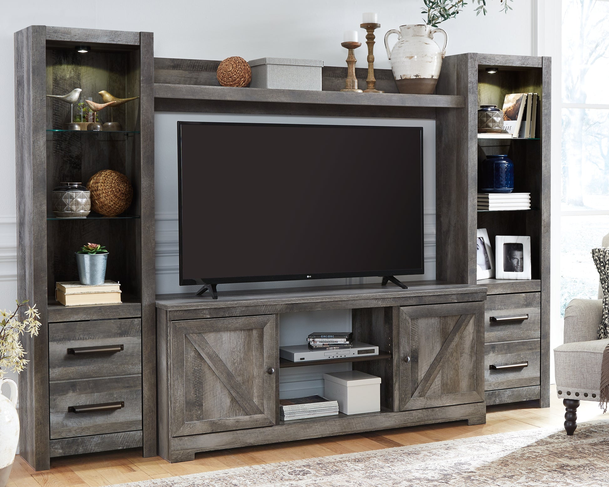 Haines Furniture Outlet - Ashley Furniture - Wynnlow Entertainment Center - 4-Piece Entertainment Center / Gray - W440W2