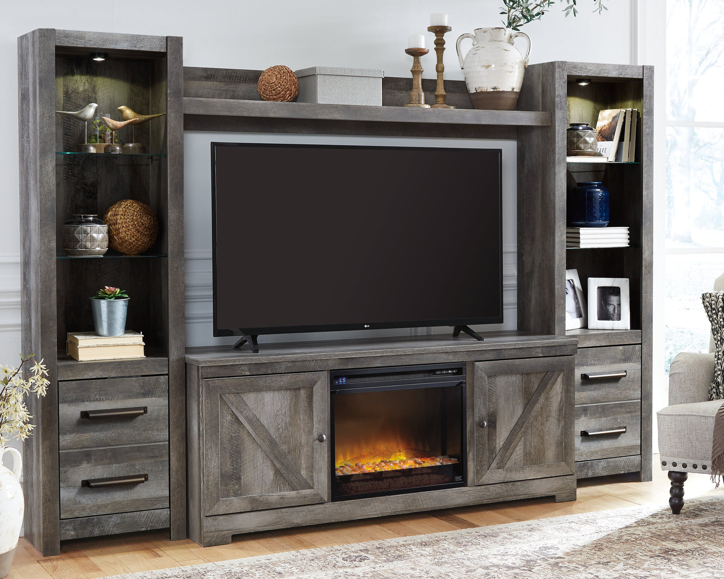 Haines Furniture Outlet - Ashley Furniture - Wynnlow 4-Piece Entertainment Center with Electric Fireplace - 4-Piece Entertainment Center with Electric Fireplace / Gray - W440W5