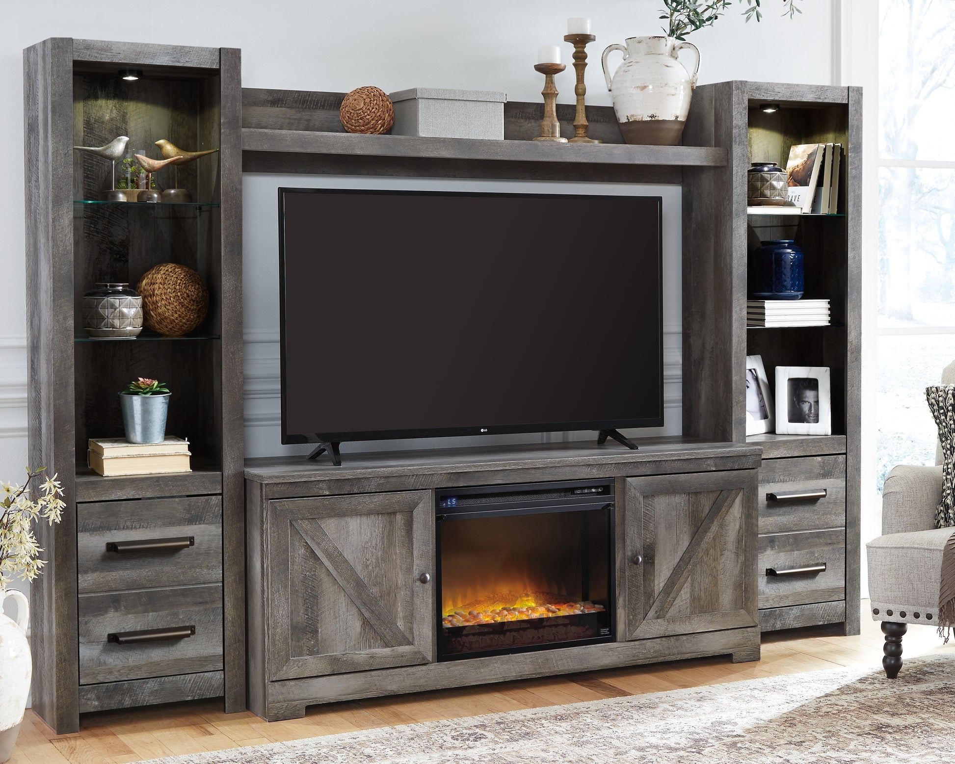 Haines Furniture Outlet - Ashley Furniture - Wynnlow 4-Piece Entertainment Center with Electric Fireplace - 4-Piece Entertainment Center with Electric Fireplace / Gray - W440W5