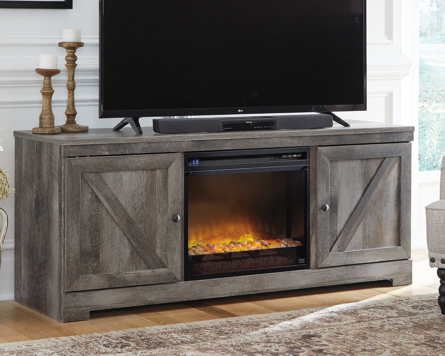 Haines Furniture Outlet - Ashley Furniture - Wynnlow 63" TV Stand with Electric Fireplace - 63" TV Stand with Electric Fireplace / Gray - W440W4