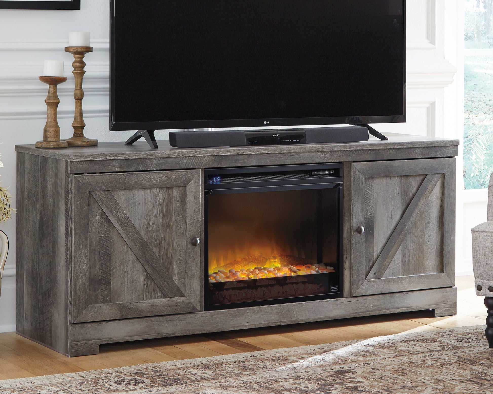 Haines Furniture Outlet - Ashley Furniture - Wynnlow 63" TV Stand with Electric Fireplace - 63" TV Stand with Electric Fireplace / Gray - W440W4