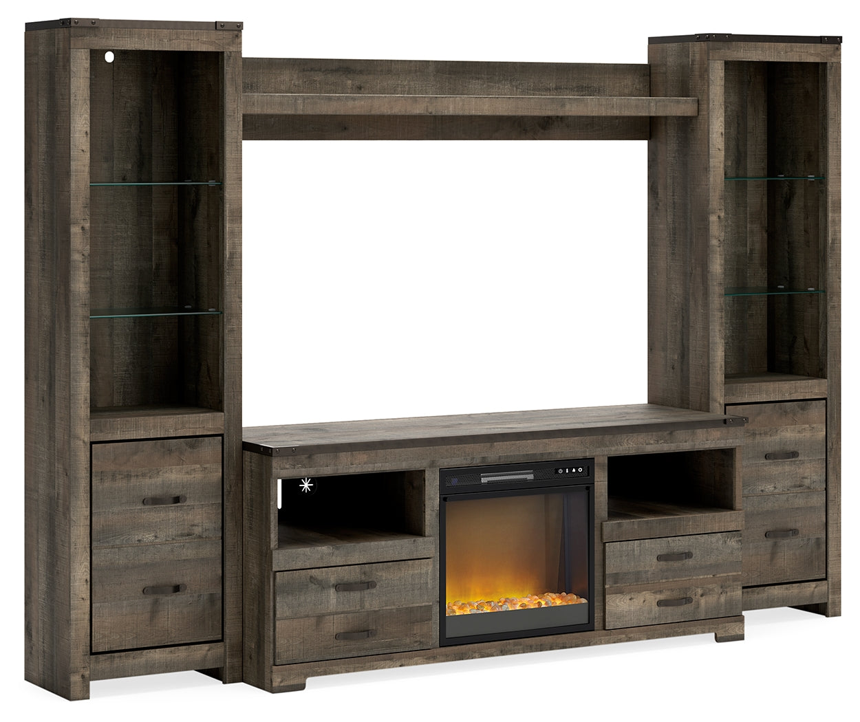 Haines Furniture Outlet - Ashley Furniture - Trinell 4-Piece Entertainment Center with Electric Fireplace - 4-Piece Entertainment Center with Electric Fireplace / Brown - W446W10
