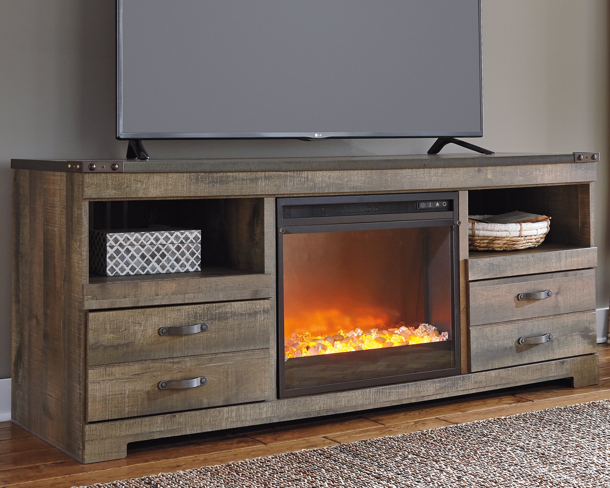 Haines Furniture Outlet - Ashley Furniture - Trinell 63" TV Stand with Electric Fireplace - 63" TV Stand with Electric Fireplace / Brown - W446W5