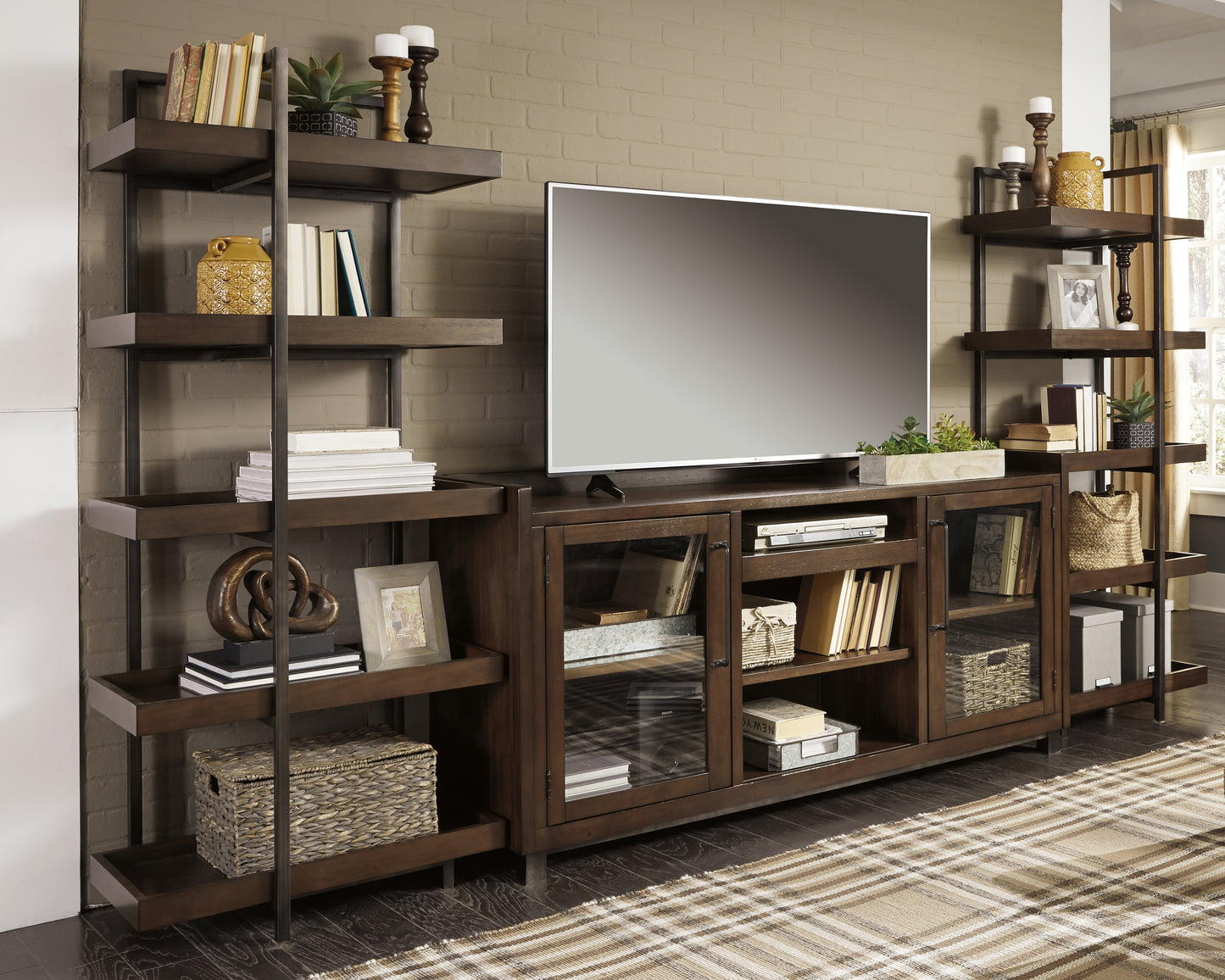 Haines Furniture Outlet - Ashley Furniture - Starmore Entertainment Center - 3-Piece Entertainment Center / Brown/Gunmetal - W633W1