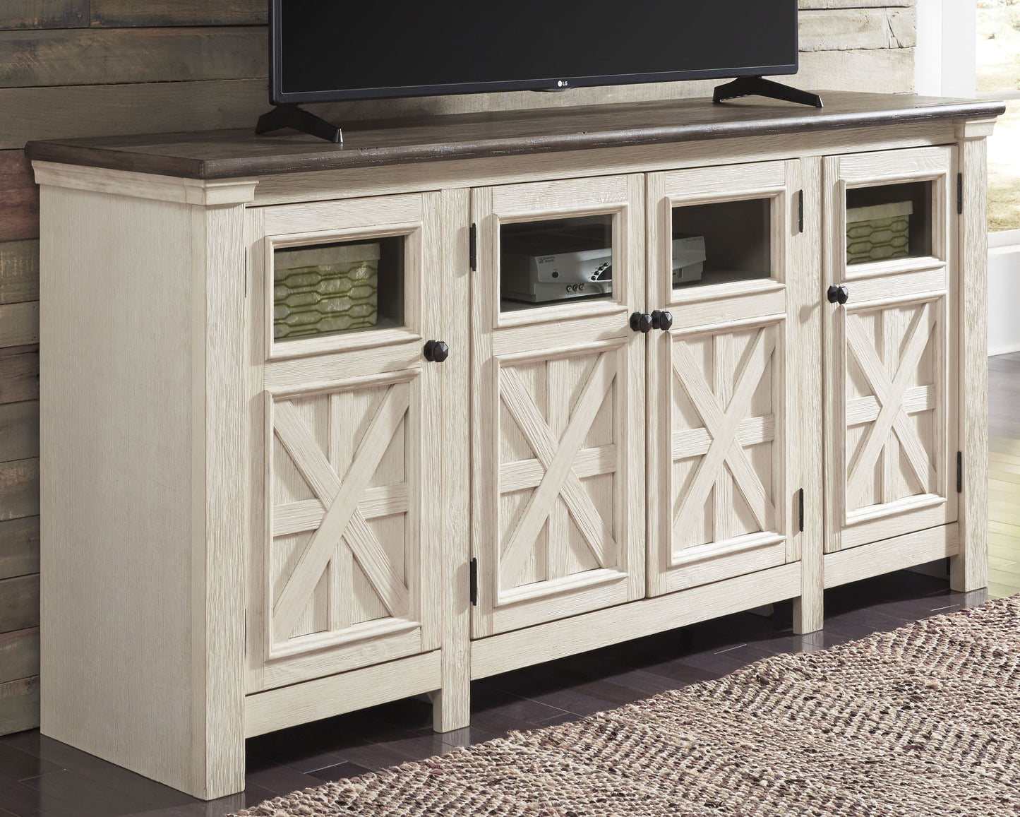 Haines Furniture Outlet - Ashley Furniture - Bolanburg 74" TV Stand - 74" / White/Weathered Gray - W647-60