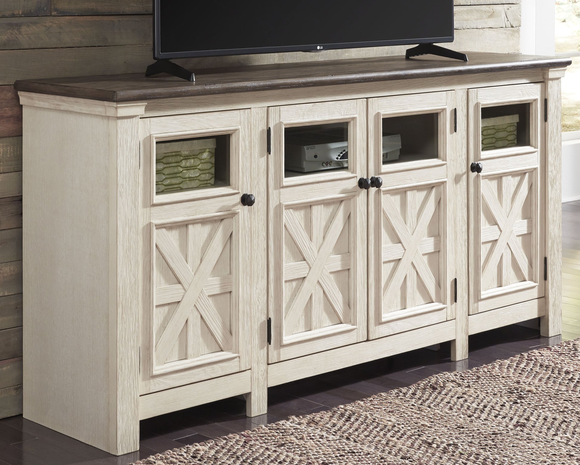 Haines Furniture Outlet - Ashley Furniture - Bolanburg 74" TV Stand - 74" / White/Weathered Gray - W647-60