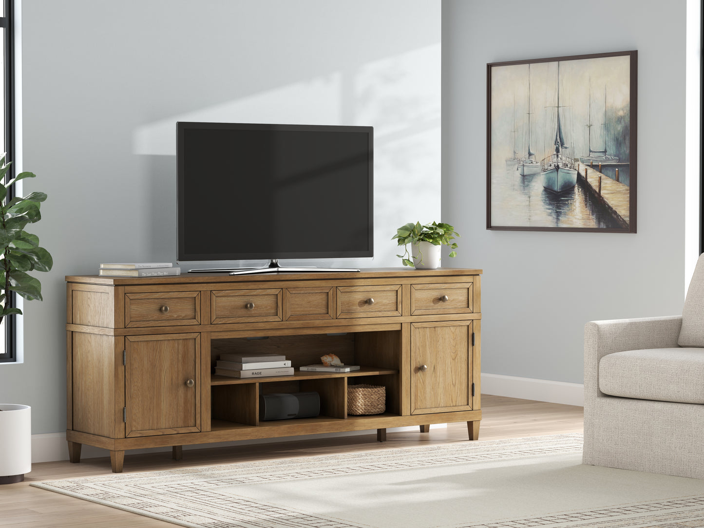 Haines Furniture Outlet - Ashley Furniture - Sharlance 81" TV Stand - 81" / Light Brown - W655-68