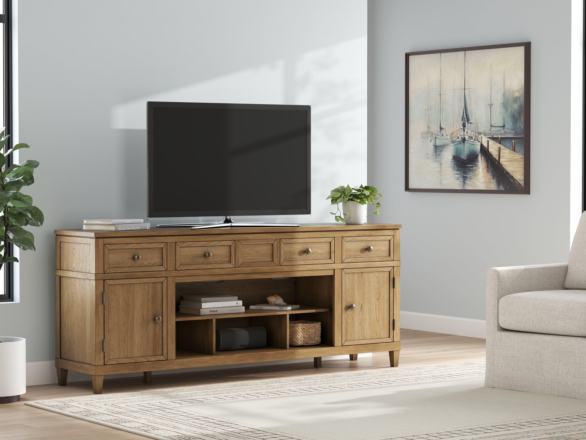 Haines Furniture Outlet - Ashley Furniture - Sharlance 81" TV Stand - 81" / Light Brown - W655-68