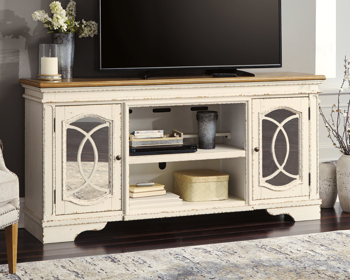 Haines Furniture Outlet - Ashley Furniture - Realyn 74" TV Stand - 74" / Chipped White - W743-68