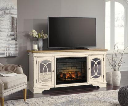 Haines Furniture Outlet - Ashley Furniture - Realyn 74" TV Stand with Electric Fireplace - 74" TV Stand with Electric Fireplace / Chipped White - W743W2