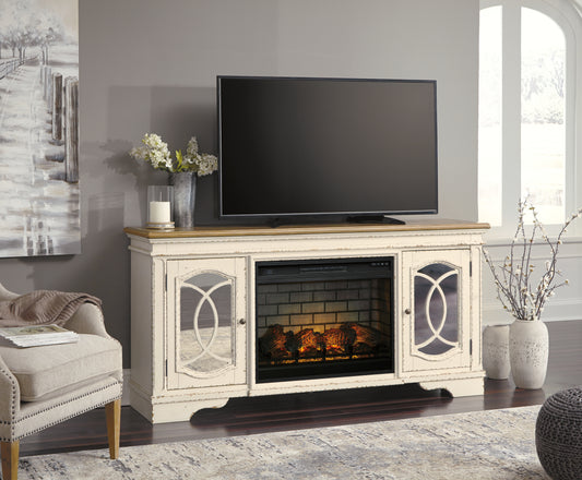 Haines Furniture Outlet - Ashley Furniture - Realyn 74" TV Stand with Electric Fireplace - 74" TV Stand with Electric Fireplace / Chipped White - W743W2