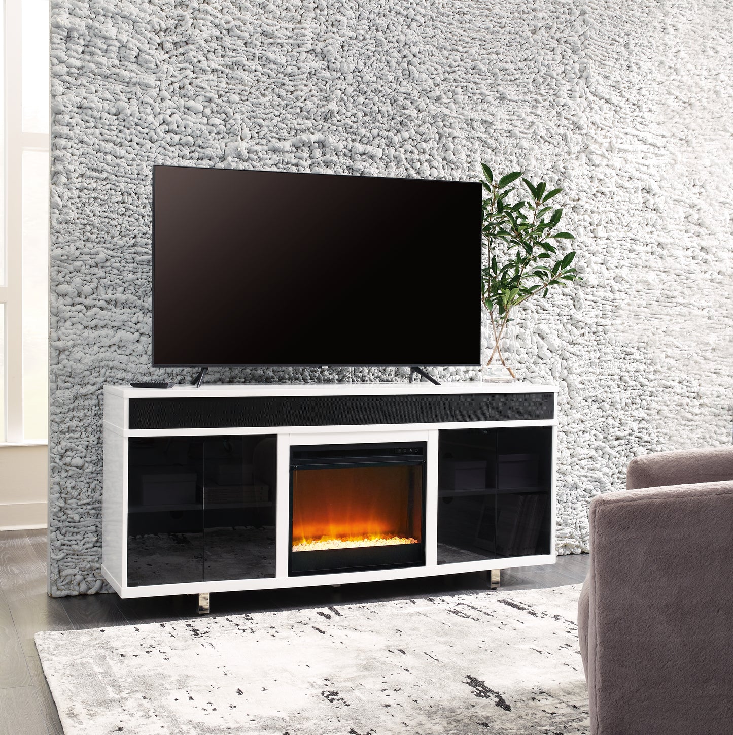 Haines Furniture Outlet - Ashley Furniture - Gardoni 72" TV Stand with Electric Fireplace - 72" TV Stand with Electric Fireplace / White/Black - W756W1