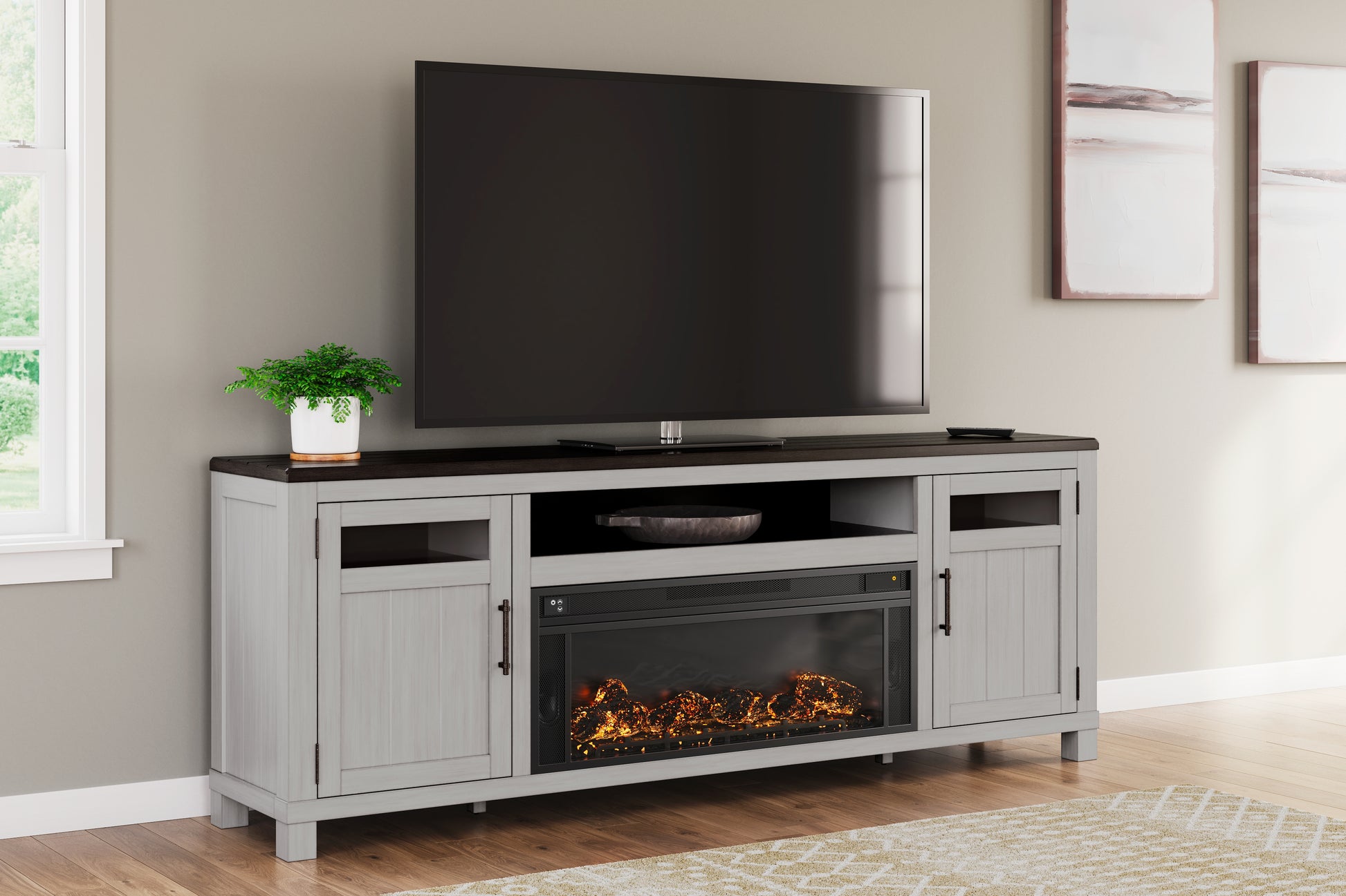 Haines Furniture Outlet - Ashley Furniture - Darborn 88" TV Stand with Electric Fireplace - 88" TV Stand with Electric Fireplace / Gray/Brown - W796W1