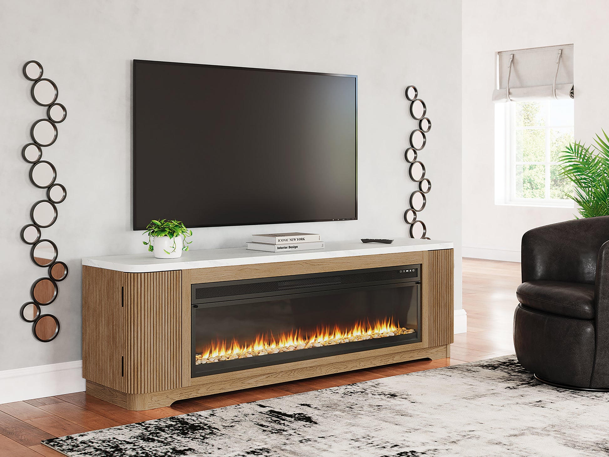 Haines Furniture Outlet - Ashley Furniture - Camdill 80" TV Stand with Electric Fireplace - 80" TV Stand with Electric Fireplace / Light Brown - W808W1