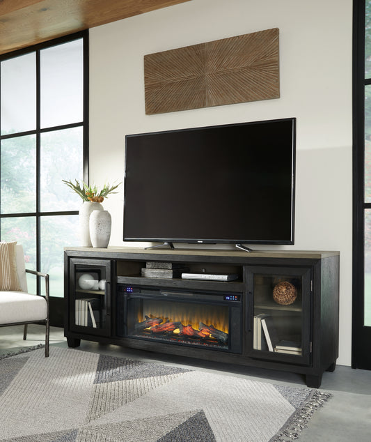 Haines Furniture Outlet - Ashley Furniture - Foyland 83" TV Stand with Electric Fireplace - 83" TV Stand with Electric Fireplace / Black/Brown - W989W1
